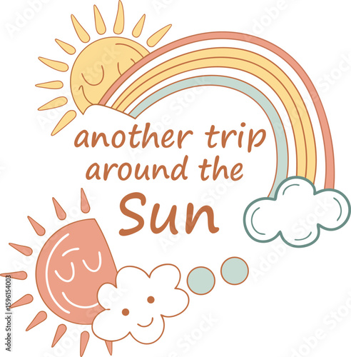 Creative Illustration Depicting A Whimsical Trip Around The Sun With Smiling Faces In A Bright Environment