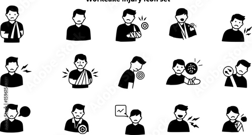 set of vector set of Work Related Injury Icon – Person Wearing a Sling, man broken arm wearing splint icon, accident injuries icon.
on white background