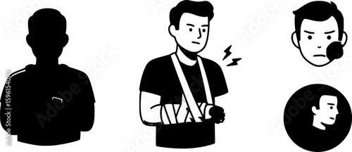 set of vector set of Work Related Injury Icon – Person Wearing a Sling, man broken arm wearing splint icon, accident injuries icon.
on white background
