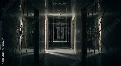 Mysterious silhouette at the end of a long, dark hallway with shattered mirrors, creating a sense of horror and dread.