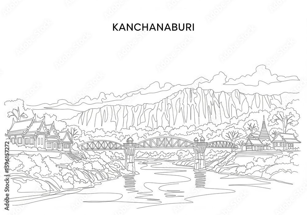 Obraz premium Kanchanaburi (กาญจนบุรี) in Thailand one line drawing style with letter