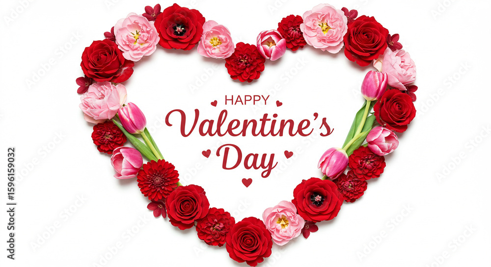 Obraz premium Happy Valentine's Day: A Heart-Shaped Floral Arrangement of Red and Pink Roses, Tulips, and Dahlias, Perfect for Romantic Greetings and Festive Celebrations. This stunning image features vibrant bl...