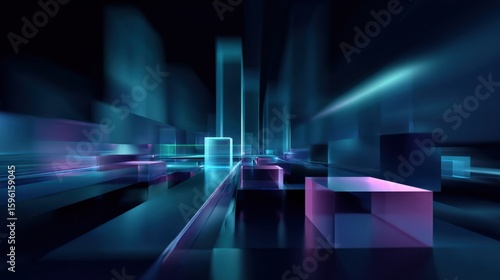 Futuristic digital cityscape with glowing skyscrapers and vibrant neon lights in a high-tech cyber environment with dynamic motion effects