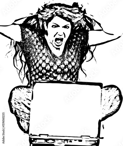 Angry woman tearing out hair in front of laptop