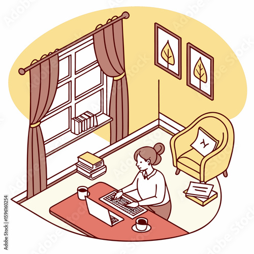 Cartoon vector illustration of man and woman business people working on computers at a cafe desk, with a boy doctor drawing in the room