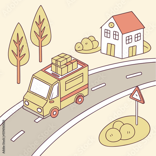 Urban transportation vector illustration set: trucks on city roads, cars, buses, and trains, alongside architectural buildings and homes, designed for business and travel