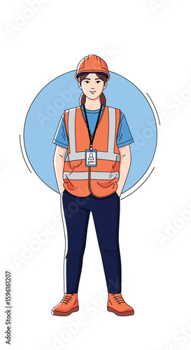Professional construction worker dressed in safety gear standing confidently with hands in pockets on a white background