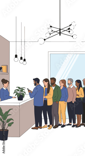 Diverse group of people waiting patiently in line at a modern reception desk for service assistance