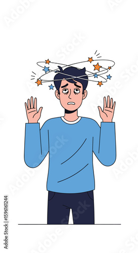 A young man experiencing vertigo and disorientation with stars spinning around his head