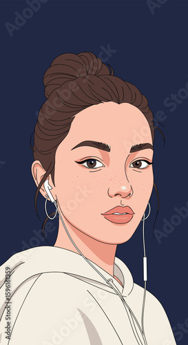 Pixel art portrait of a young woman with earbuds and freckles stylishly dressed in a hoodie
