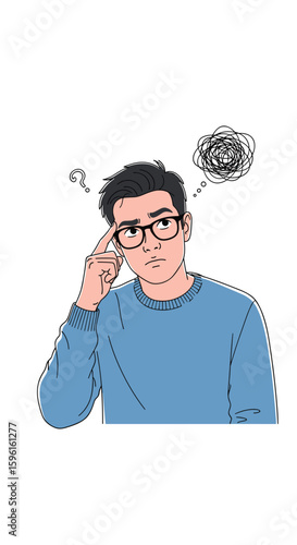 A confused man wearing glasses is thinking hard about a difficult problem or a complex situation with a puzzled expression