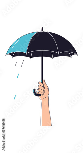 A pixelated hand holding a two-tone umbrella shielding from the pixelated rain drops