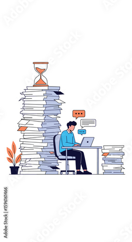 Overwhelmed office worker drowning in a massive pile of paperwork and tasks while trying to stay productive at their desk