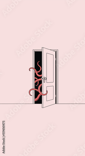 The unsettling appearance of tentacles emerging from a partially open door in a minimalist setting evokes a sense of foreboding and mystery