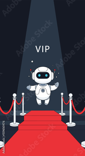 Robotic vip guest arrives on the red carpet under a spotlight with velvet ropes and stands