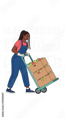 Woman with groceries pushing a cart full of food items and boxes down an aisle of shelves