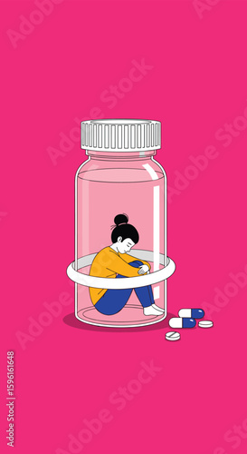 Trapped woman seeking solace in medication bottle surrounded by pills mental health struggle concept