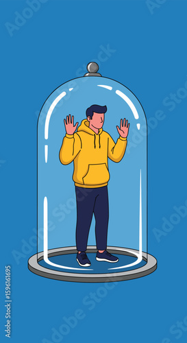 A young person trapped inside a protective glass dome with their hands raised in a gesture of surrender or shock while looking at their phone