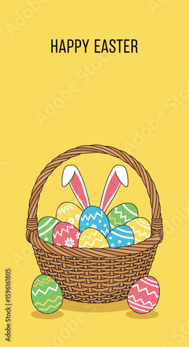 Festive easter basket overflowing with colorful decorated eggs and adorable bunny ears making a delightful springtime celebration