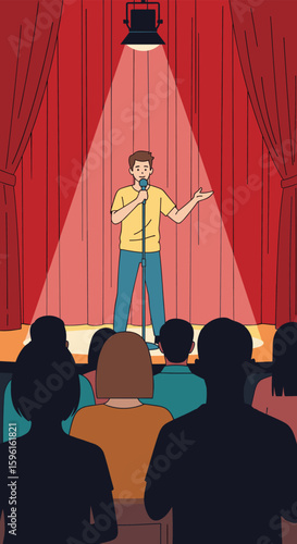 A stand up comedian delivers a hilarious performance on stage to an appreciative audience under a spotlight