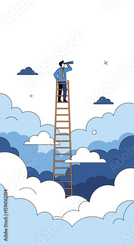 A solitary businessman stands atop a tall ladder reaching into the vast sky observing the distant horizon through his telescope