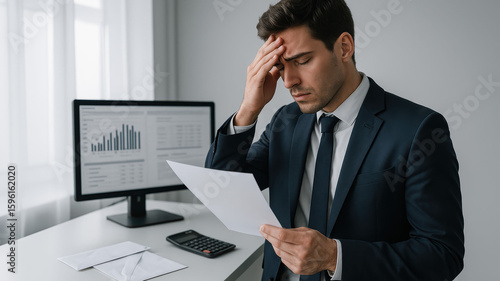 A young Caucasian man in a suit looks stressed while holding a document. He stands in an office with a computer displaying graphs and a calculator on the desk.