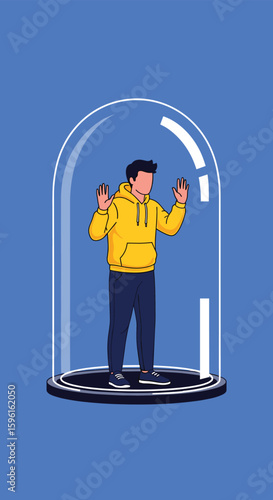 Pixelated figure trapped inside a glass dome with raised hands on a blue background symbolizing isolation and confinement