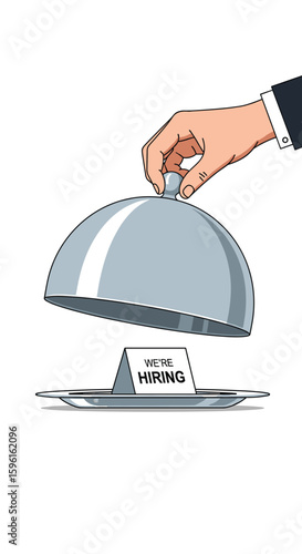 Chef presents a delicious meal revealing a table tent sign that says help wanted attracting new employees to restaurants