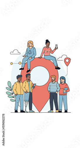 Diverse group of people gathered around a large location pin symbol representing community connection and shared destinations