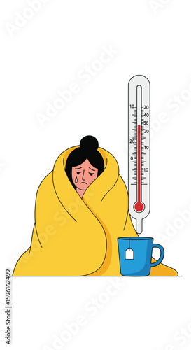 Feeling unwell wrapped in a warm blanket with a mug of tea and a thermometer showing a high temperature symbolizing illness and recovery