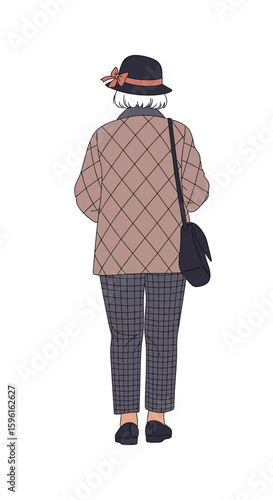 Elderly woman wearing a hat and carrying a bag viewed from behind