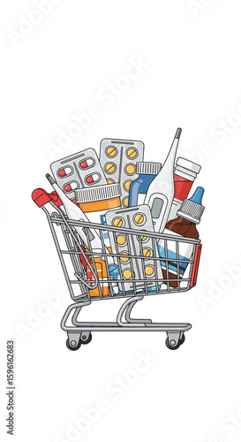 Conceptual illustration of a shopping cart overflowing with everyday items and consumer goods representing abundance and purchasing power
