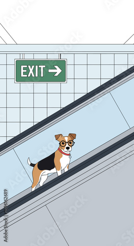 A cute small dog with glasses is happily riding an escalator towards the exit sign