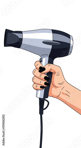A hand holding a hair dryer for styling hair with warm or cool airflow and focused nozzle for precise drying techniques