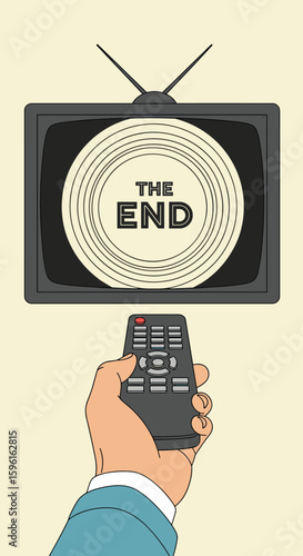The end of television entertainment is approaching as someone holds the remote control ready to turn it off