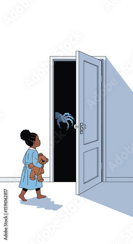Young child holding teddy bear confronts a creepy hand reaching from an open dark doorway