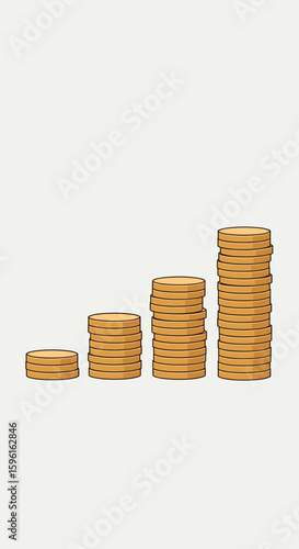 Visual representation of financial growth and increasing stacks of coins symbolizing investment success and economic progress over time
