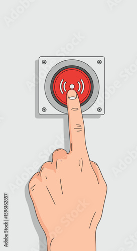 Finger pressing a red emergency alarm button on a wall initiating a critical alert system activation for immediate response and safety measures