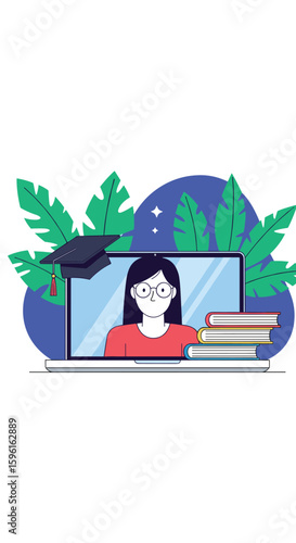 Online learning platform interface with student books and graduation cap for digital education