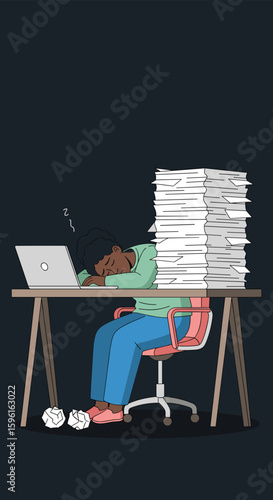 Overwhelmed office worker collapsing onto a desk buried under a huge stack of documents and papers during a long work day