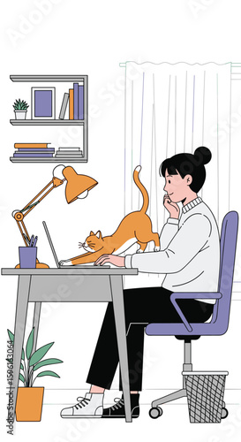 A focused professional working from home interrupted by a playful companion animal enhancing workplace serenity and well being