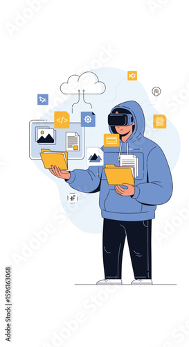 Immersive virtual reality experience demonstrating digital information organization and data management concepts