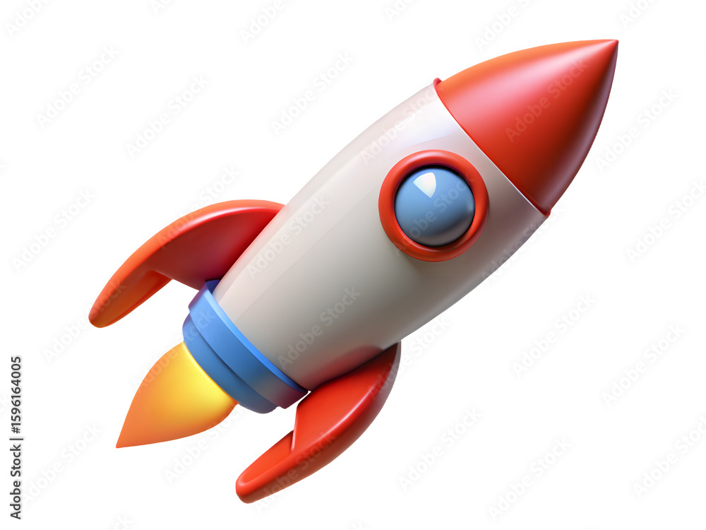 Cartoon rocket ship blasting off into space with fiery exhaust