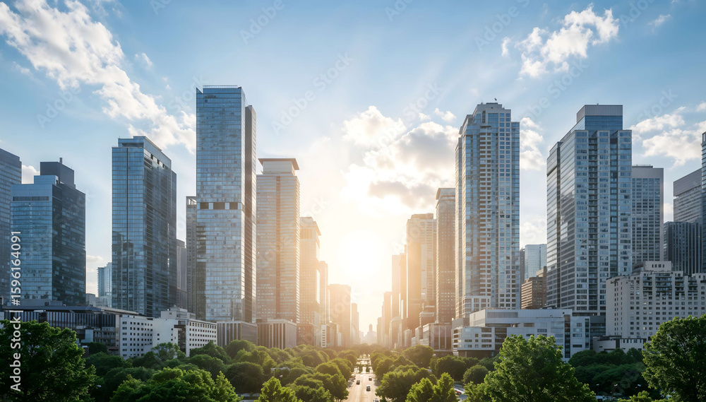 Fototapeta premium City Skyline Background with Sunset and Skyscrapers