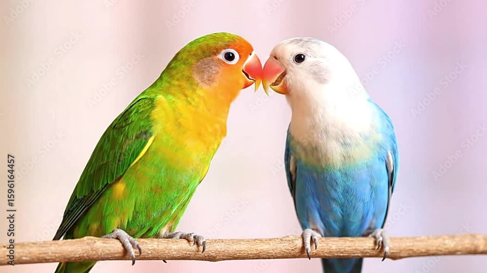Two lovebirds perch on a branch faces close as if kissing one greenyellow the other bluewhite Two lovebirds perch on a branch faces close as if kissing one greenyellow the other bluewhite