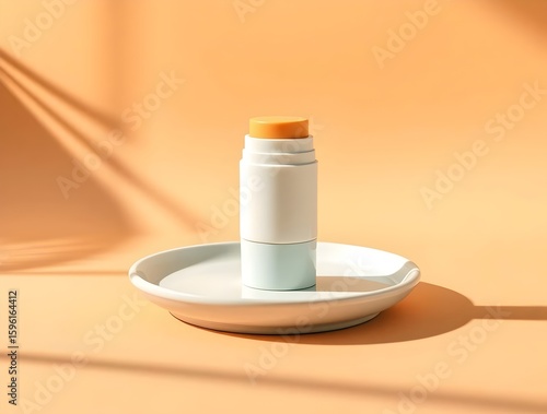 Product mockup Minimalist Product Photography PeachColored Background Cosmetic Stick on Ceramic Dish
