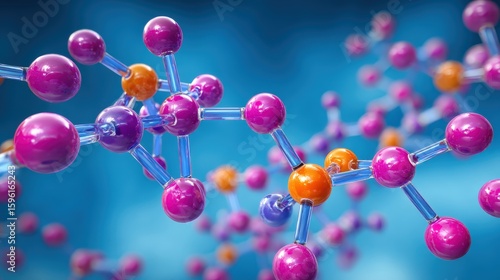 Obraz na plátně Colorful 3D molecular model with interconnected atoms on a blue background, repr