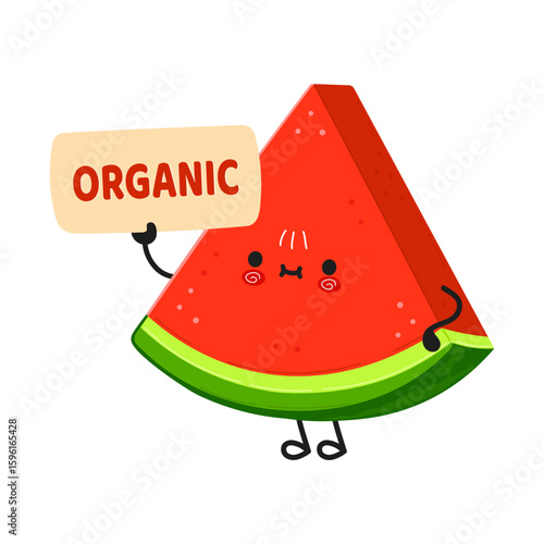 A cheerful watermelon slice proclaims it's organic and fresh in a fun cartoon illustration.