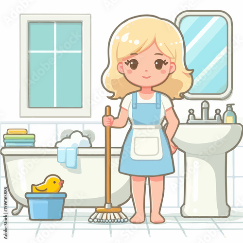 Blonde cleaning lady in the bathroom