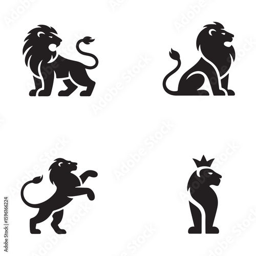 A set of four black lion icons in various poses, including standing, sitting, and wearing a crown design